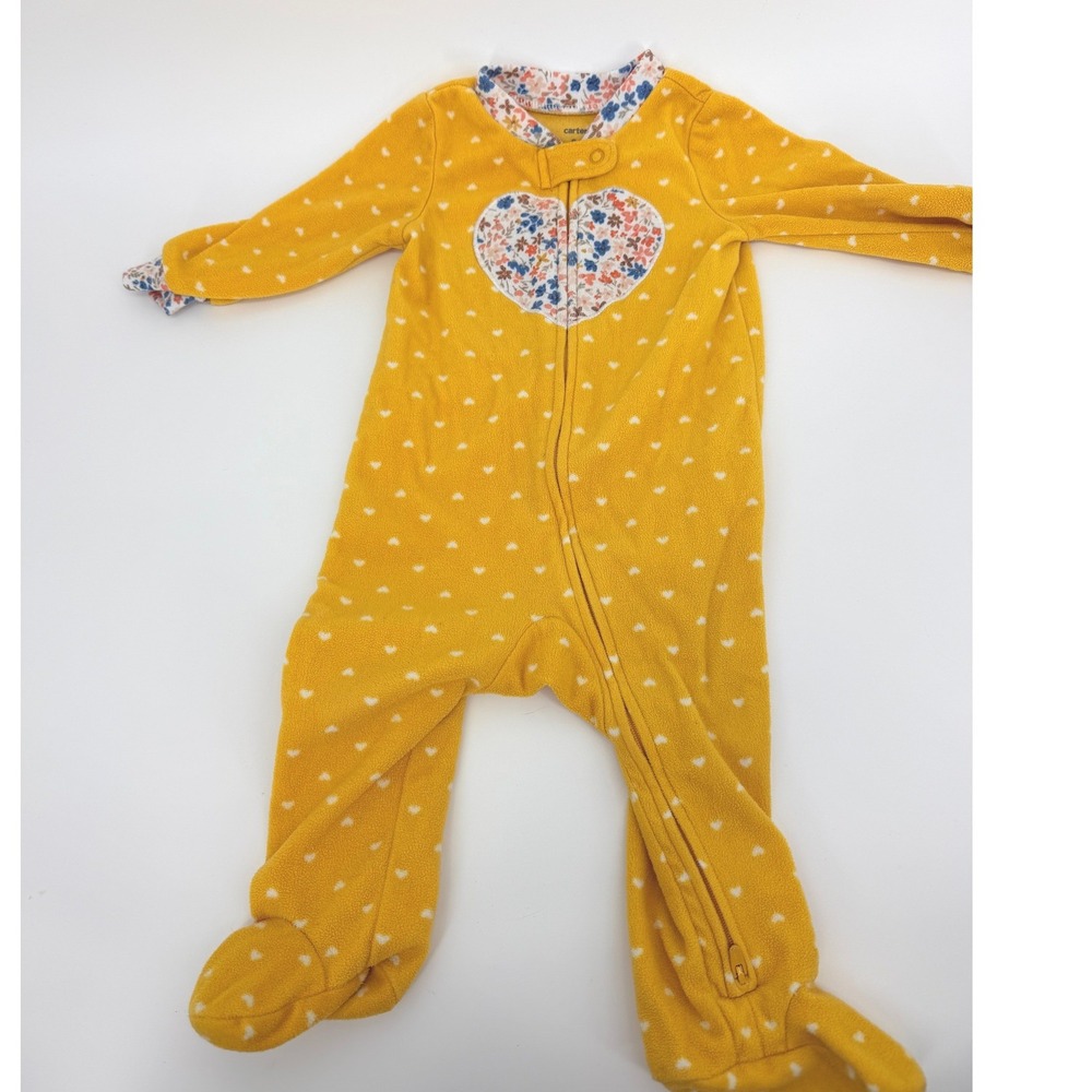 Carters Baby Girl 9M Yellow Fleece Heart Print Floral Footed Sleeper Pajamas